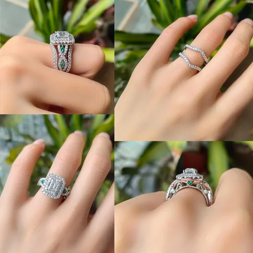 Miniatura 5 de DovEggs 4.3ct Total 6x8mm GHI Color Emerald Cut Moissanite Antqiue Double Halo Engagement Ring Zambia Emerald Sapphire Curved Enhancer Guard Band