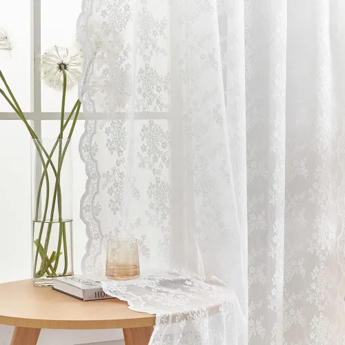 Miniatura 3 de YJ YANJUN Cortinas de encaje blancas traslúcidas de 96 pulgadas de largo, 2 paneles, cortinas de encaje floral de estilo antiguo para sala de estar