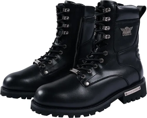 GARGOYLE BELLS Botas de motocicleta para hombre, botas de combate de piel sintética, botas de motociclista con cordones y cremallera lateral, Negro -