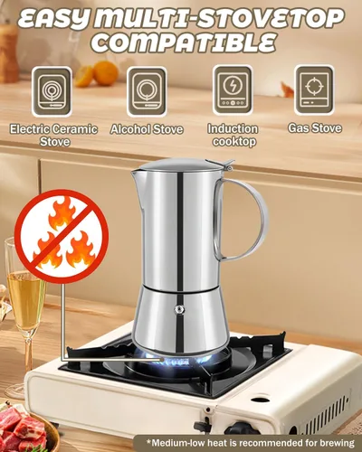 Miniatura 5 de Cafetera Express de acero inoxidable 304, 2 tazas de 3.3 oz/3.4 fl oz, cafetera italiana para el hogar, cocina y campamento, todas las estufas