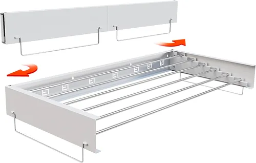 Miniatura 8 de Estante de secado de ropa oculto montado en la pared, organizador de lavandería extraíble con 5 varillas de acero inoxidable, plegable y plegable A