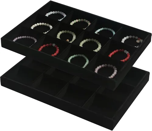 Coward Bandeja organizadora de joyería apilable con terciopelo color negro, juego de 2 piezas, 12 rejillas, soporte de exhibición para la venta de
