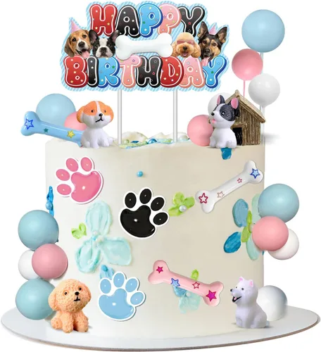 JUYRLE Decoración para tartas, 32 piezas de figuras realistas de perro, suministros para fiesta de cumpleaños con perrera de hueso, mini globos