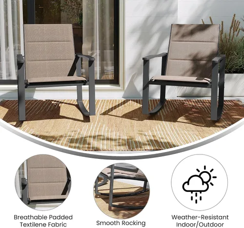Miniatura 5 de BizChair Juego de 2 mecedoras para exteriores marrones con material Flex Comfort y marco de metal negro