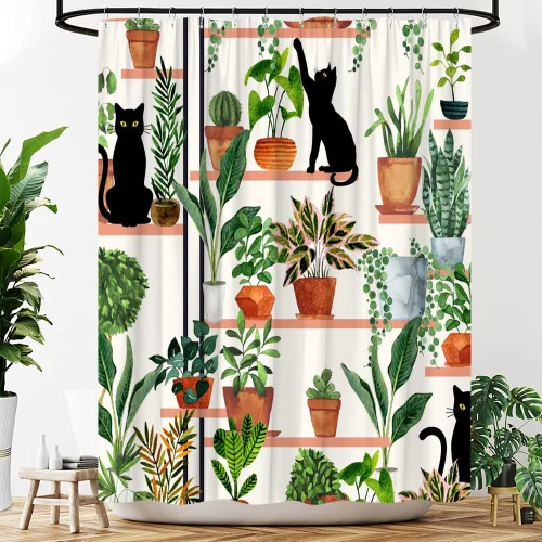 Cortina de ducha con diseño de plantas y gatos, diseño de gatito negro, diseño bohemio, hojas verdes en maceta, tela estética botánica, cortinas de