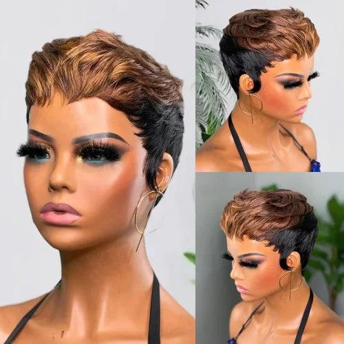 Miniatura 16 de YJOQOKOA Peluca corta de corte Pixie para mujeres negras, peluca de cabello humano lacio negro natural, peluca estilo Bob, pelucas cortas en capas