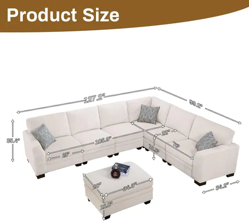 Miniatura 2 de Legend Vansen Sofá Seccional Modular de Gran Tamaño, Sofá en Forma de U de 7 Asientos con Otomana, Sofá de Pana con Asiento Profundo, Sofás Crema