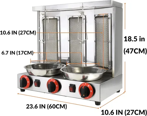 Miniatura 2 de Máquina Shawarma XGN Parrilla de Kebab Vertical Asador Giratorio con 3 Quemadores y 2 Espetos Giratorios Automáticos para Rosticería de Carne, Asado