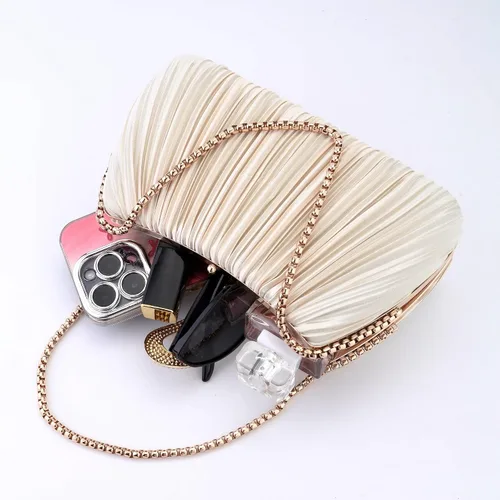 Miniatura 7 de FALETO Bolso de mano para mujer, de satén, plisado, de noche, bolso de mano de boda, con cadena, para baile de graduación, cóctel, fiesta