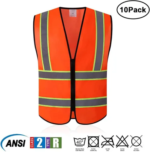 Miniatura 2 de Tekware Chaleco de seguridad con tiras altamente reflectantes, paquete de 10 protectores de construcción de color neón brillante con cremallera