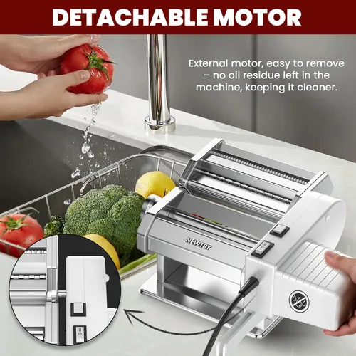 Miniatura 4 de NEWTRY Máquina eléctrica para hacer pasta, prensa de rodillo de masa para hacer fideos con motor desmontable 0.008-0.020 in Grosor de la hoja