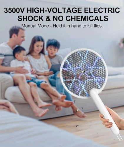Miniatura 4 de MOSQZAP Matamoscas eléctrico, raqueta plegable para exterminador de insectos, matamoscas electrónico de 3,500 voltios con atractor de luz púrpura