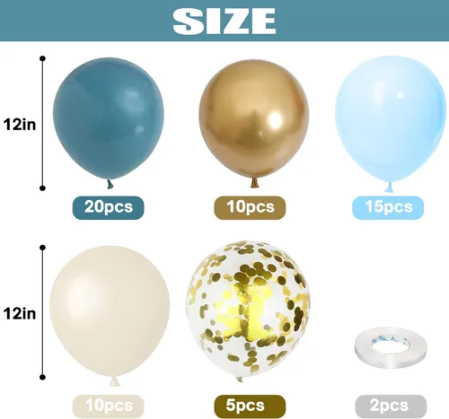 Miniatura 2 de Set de globos azul polvo, 60 paquetes de 12 pulgadas de globos metálicos dorados cromados, azul macarrón, azul océano, blanco arena, confeti