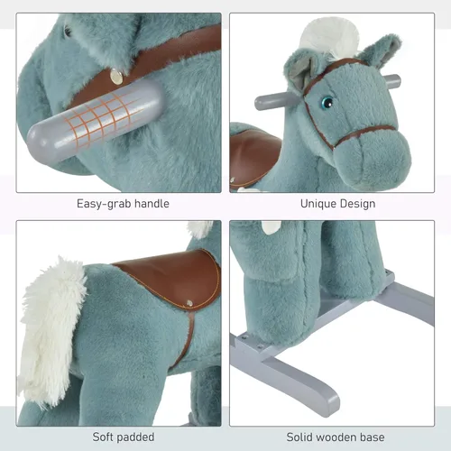 Miniatura 5 de Qaba Caballo mecedor de peluche para niños con juguete de oso, silla para niños con juguete de felpa suave y divertidos sonidos realistas, azul