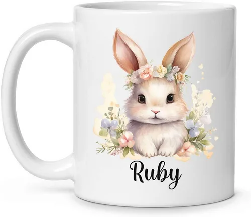 Miniatura 19 de Taza de viaje de cerámica personalizada de conejo, taza con nombre personalizado para los amantes de los conejos, taza de té con nombre temático