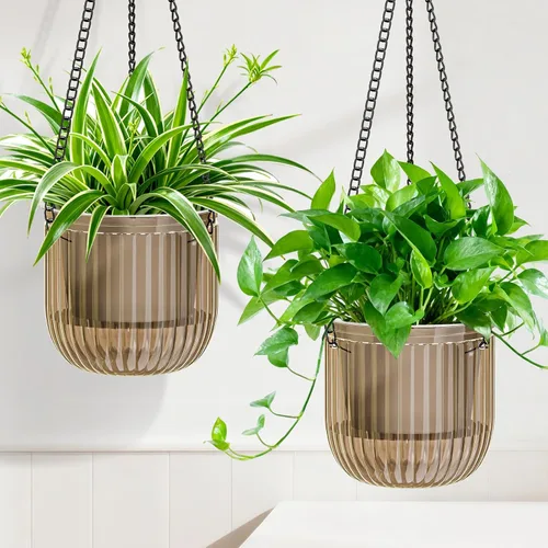 Halatool Paquete de 2 macetas colgantes de riego automático para plantas de interior, macetas colgantes de 6.5 pulgadas al aire libre con 2 cadenas