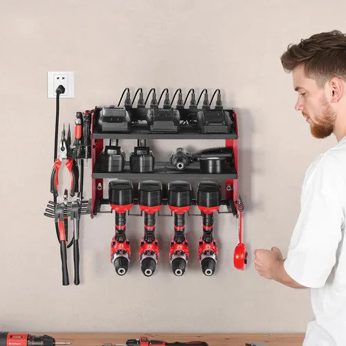 Miniatura 8 de VEVOR Organizador de herramientas eléctricas con estación de carga, estante de almacenamiento para taladros de 3 capas con 4 soportes para taladros
