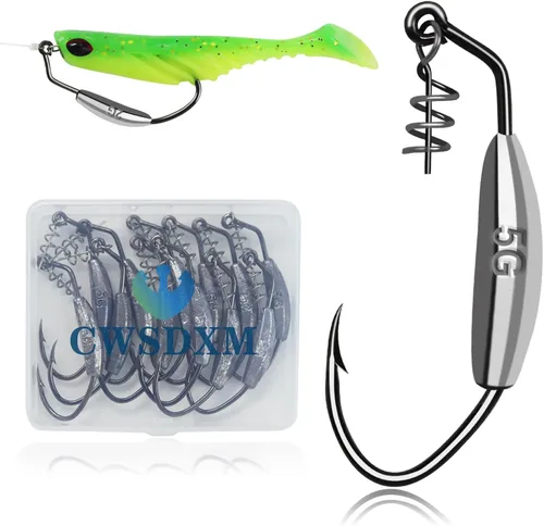 Miniatura 14 de Ganchos de natación con peso, 6 anzuelos Underspin Swimbait con Twistlock, ganchos de manivela con peso con cuchillas giratorias doradas/plateadas