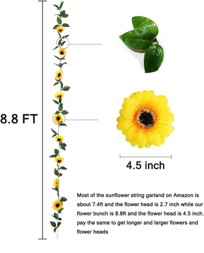 Miniatura 5 de Guirnalda de girasoles artificiales con luces preiluminadas, decoración de girasol de 16.5 pies, enredaderas falsas, flores colgantes, guirnalda