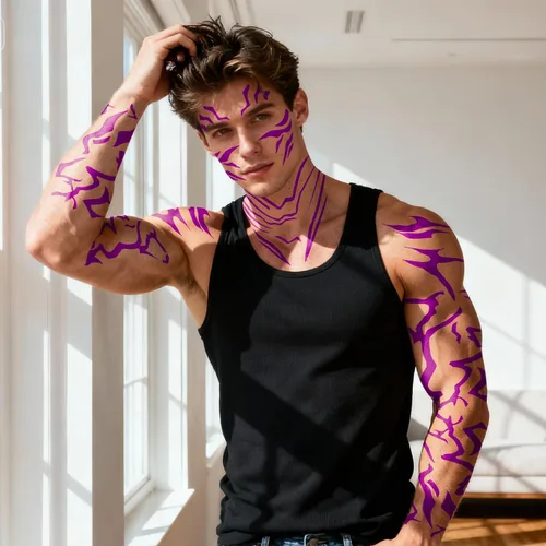 Miniatura 7 de 12 tatuajes temporales morados que brillan en la oscuridad, tatuajes falsos de baile para cosplay, Halloween, festival de música, maquillaje