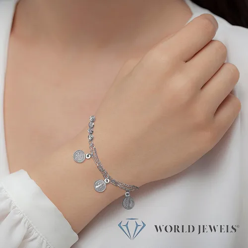 Miniatura 4 de World Jewels Pulsera de plata de ley 925 con dije italiano de San Benito pulseras ajustables para mujeres y adolescentes pulsera de cruz piedras