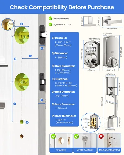 Miniatura 9 de TEEHO TE012W-H - Cerradura de puerta con teclado WiFi con asa, cerraduras inteligentes de huellas dactilares, entrada sin llave para puerta Níquel