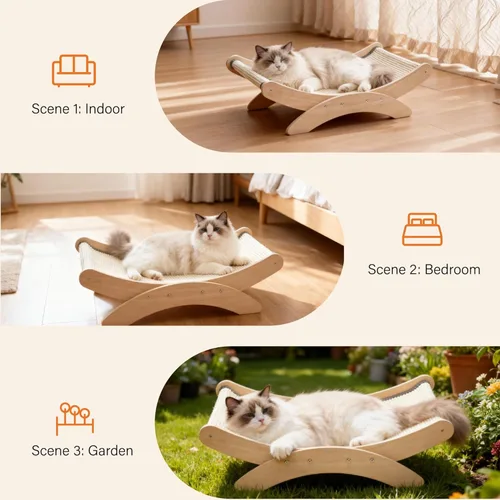 Miniatura 7 de Cama rascador para gatos de interior – Poste rascador de sisal natural extra grande de 25 pulgadas con hamaca resistente marco de madera maciza