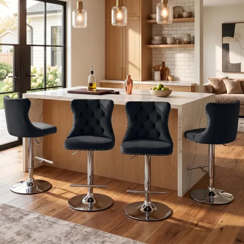 Miniatura 81 de SoarFlash Juego de 2 taburetes de bar tapizados de terciopelo moderno con patas de madera, botones acolchados, cabeza de clavo cromada, asiento