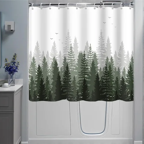 Miniatura 9 de Cortina de Ducha y Ventana, Cortina Verde y Gris de Bosque Pequeña y Corta Impermeable para Baño con Ganchos, 30x36 Pulgadas