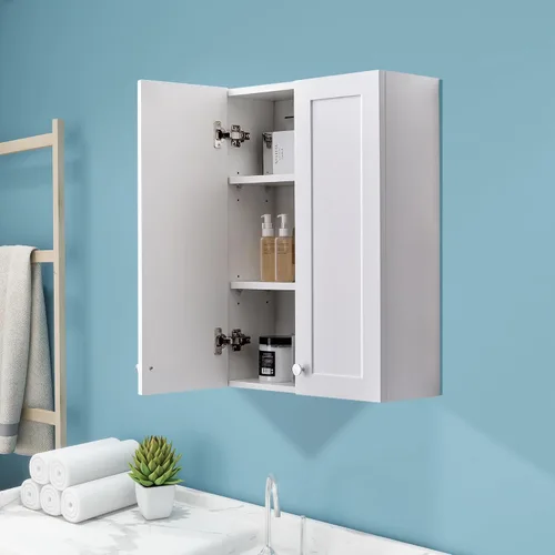 Miniatura 14 de VANIRROR Armario de pared de baño negro de 23 x 29 pulgadas, botiquín de madera con 2 puertas y estante ajustable, armario montado en la pared sobre