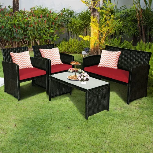 Miniatura 5 de COSTWAY Juego de muebles de ratán de patio de 4 piezas, juego de conversación de mimbre para exteriores con cojines suaves y mesa de centro de Rojo