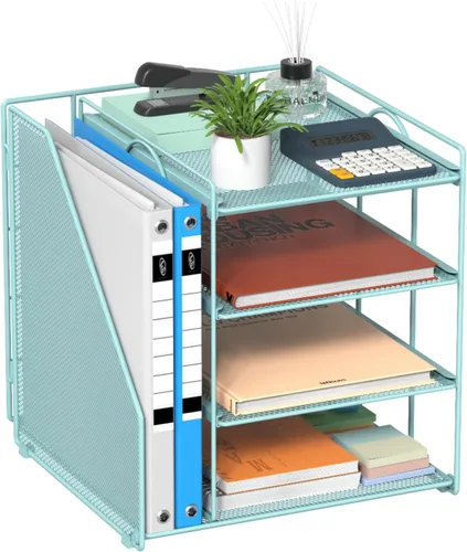 Organizador de archivos de escritorio azul y accesorios, organizador de papel de 4 niveles con soporte para archivos vertical, accesorios de Azul