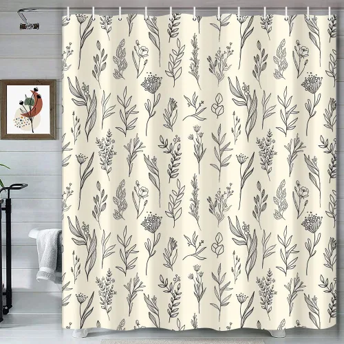 Drgilau Cortina de ducha con diseño floral de plantas, juego de cortinas de ducha con diseño botánico vintage, impermeable, moderna, bohemia, Beige