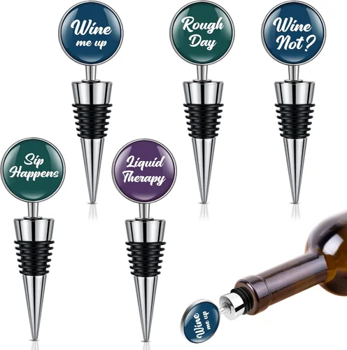 Miniatura 7 de Therwen Juego de 5 divertidos tapones para botellas de vino, accesorios de regalo para mujeres y hombres, tapa de salida de vino con frases