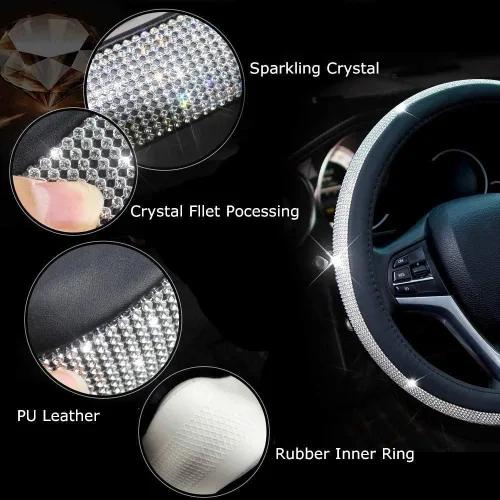Miniatura 5 de Funda para volante de piel con diamantes de imitación brillantes, tamaño grande de 15 1/2 a 16 pulgadas, color negro Negro con diamantes blancos
