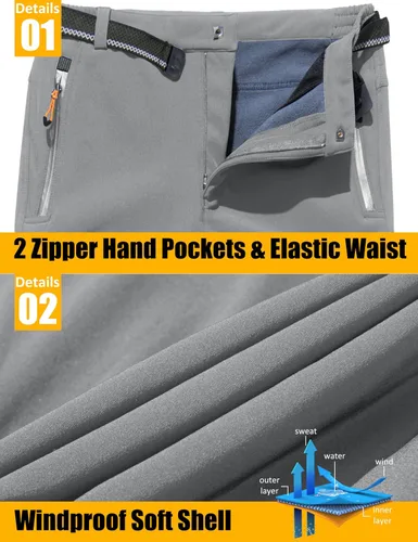 Miniatura 6 de MAGCOMSEN Pantalones de invierno para hombre, con forro polar, resistentes al agua, 4 bolsillos con cremallera, pantalones para exteriores