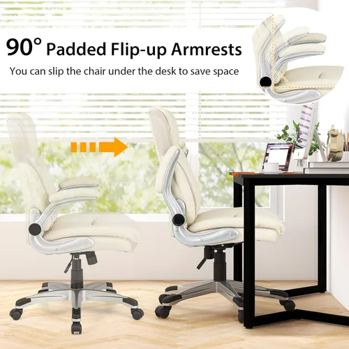 Miniatura 6 de COSTWAY Silla de oficina ejecutiva, silla ergonómica de piel sintética para computadora con reposabrazos abatibles y soporte lumbar, silla de tareas