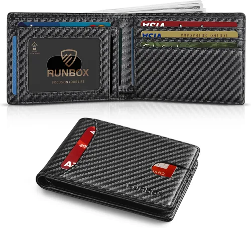 RUNBOX Cartera delgada para hombre, 11 ranuras para tarjetas de crédito, de cuero, con bloqueo RFID, pequeña, delgada, plegable, minimalista,