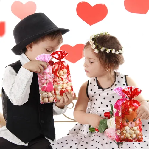 Miniatura 6 de Pasimy 100 bolsas de regalo de San Valentín, bolsas de regalo de celofán para el día de San Valentín, bolsas de regalo de celofán rosa y rojo