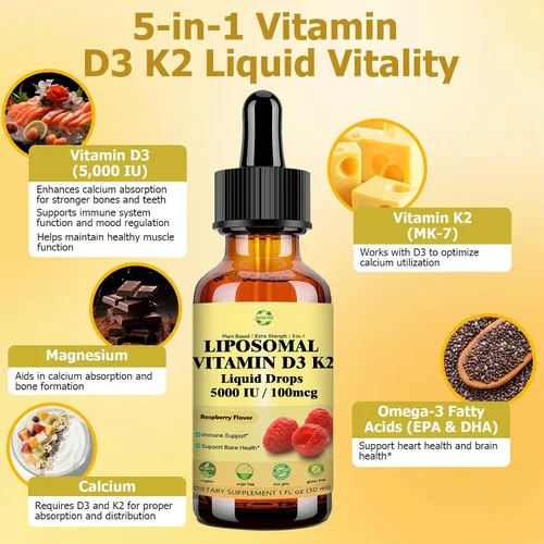 Miniatura 2 de Gotas líquidas de vitamina D3 K2 con calcio y magnesio omega3, alta potencia 5 en 1 D3 K2 vitamina 5000 UI Suplemento para la salud ósea, dientes