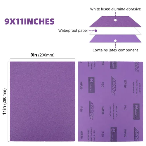 Miniatura 2 de Papel de lija de grano 80, 20 unidades, hojas de lija en seco y húmedo de 9 x 11 pulgadas, papel de arena abrasivo de alúmina púrpura para madera
