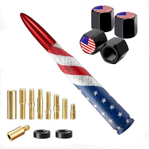 Miniatura 19 de Antena para camión, diseño de bandera estadounidense, con tapas de vástago de válvula, mástil de antena universal, accesorios de camión y auto