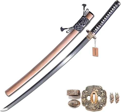 Miniatura 14 de MURASAME Katana Sword T10 - Maquinilla de afeitar de acero templado de 41 pulgadas, hoja afilada, espiga completa hecha a mano Dragón amarillo