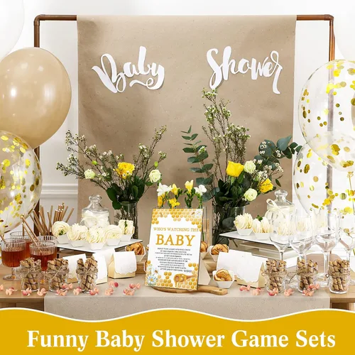 Miniatura 7 de Roowest Juego de 51 piezas de juguetes geniales para baby shower, con texto en inglés "Who's Watching The Baby", juegos de regalo de madera