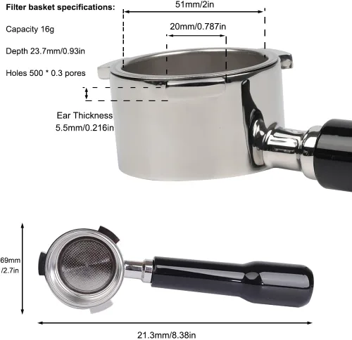 Miniatura 2 de Portafiltro sin fondo de 2.008 in 3 orejas solo compatible con Delonghi Dedica EC680/EC685 Cesta de filtro 0.012 in Pores