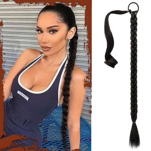 Miniatura 43 de Sofeiyan Extensión de cola de caballo de trenza larga con banda para el cabello, lacio, elegante, envolvente, extensiones de cabello trenzado, cola