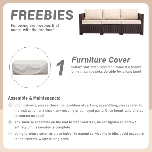 Miniatura 6 de Oasishine Muebles de patio de 3 asientos, sofá de mimbre para exteriores, sofá de exterior, asiento profundo, respaldo alto, cojines Caqui
