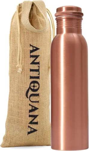 Botella de agua de cobre puro de 34 onzas, diseño martillado a prueba de fugas con vaso, bolsa de transporte y acabado liso decorativo, botella de