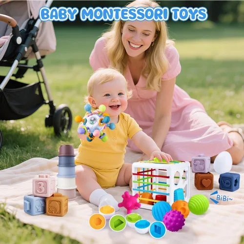 Miniatura 9 de Juguetes 6 en 1 para bebés de 6 a 12 meses, juguete Montessori para niños de 1 año, juguete de dentición para bebés, apilar tazas, cubo sensorial