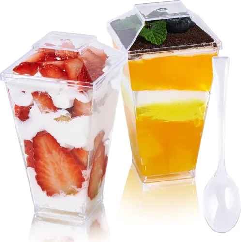 Miniatura 9 de JOLLY CHEF Paquete de 100 mini tazas de postre de 2 onzas con cucharas y tapas, taza cuadrada alta de plástico transparente para aperitivos